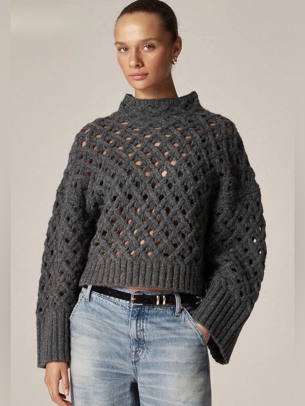 NEW J. Crew Cross-cable mockneck sweater in wool blend CO611 XXS hthr charcoal